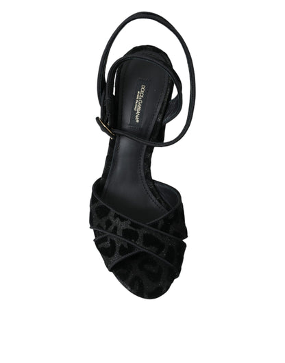Dolce &amp; Gabbana Schwarze Leoparden-Wildleder-Absatzsandalen