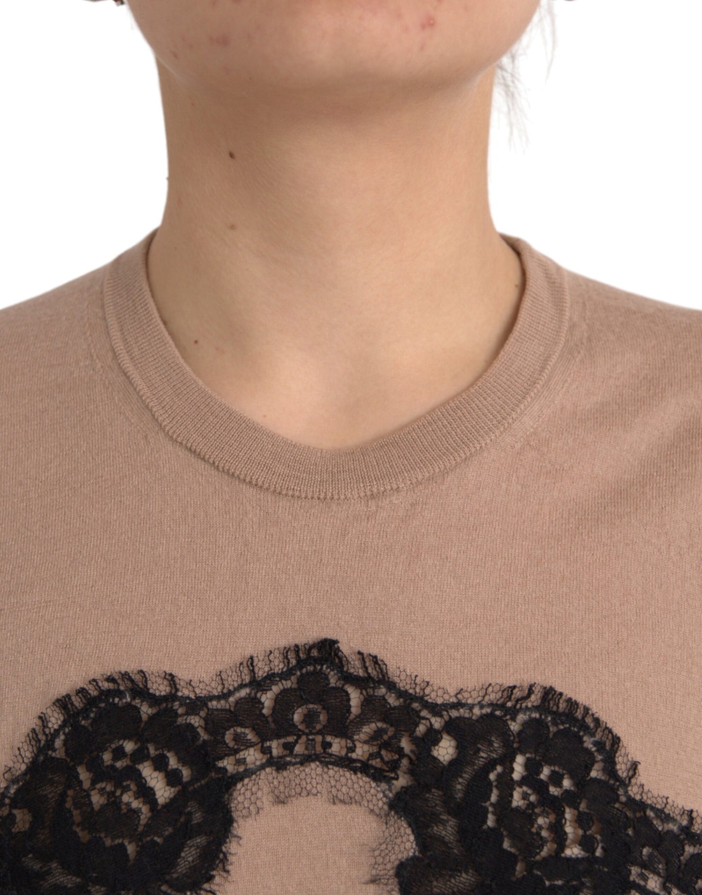 Dolce &amp; Gabbana – Blusentop aus brauner Wolle und schwarzer Spitze mit 3/4-Ärmeln
