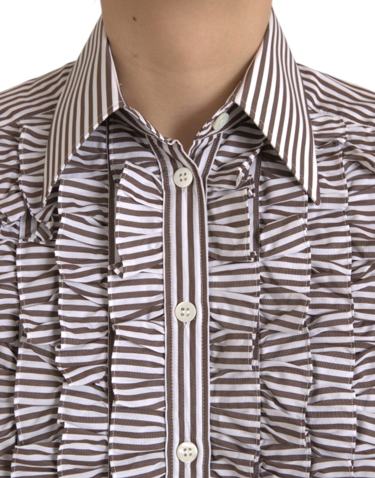 Dolce &amp; Gabbana – Langärmliges Oberteil aus Baumwolle mit weißen Streifen und Rüschenkragen