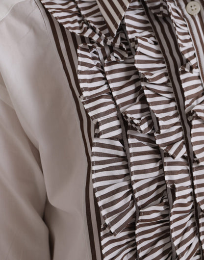 Dolce &amp; Gabbana – Langärmliges Oberteil aus Baumwolle mit weißen Streifen und Rüschenkragen