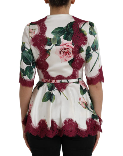 Dolce &amp; Gabbana – Weißes Seidentop mit Blumenspitze und kurzen Ärmeln