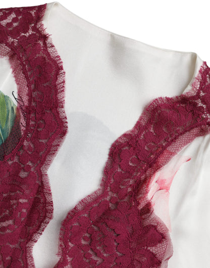 Dolce &amp; Gabbana – Weißes Seidentop mit Blumenspitze und kurzen Ärmeln