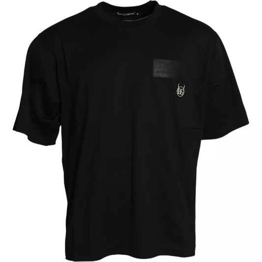 Dolce &amp; Gabbana – Schwarzes Baumwoll-T-Shirt mit Rundhalsausschnitt und Logo-Patch