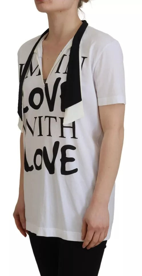 Dolce &amp; Gabbana – Weißes T-Shirt aus Baumwolle mit Ascot-Kragen und Aufdruck
