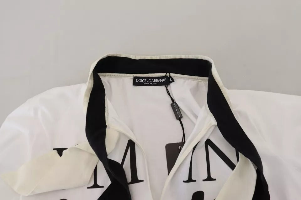 Dolce &amp; Gabbana – Weißes T-Shirt aus Baumwolle mit Ascot-Kragen und Aufdruck