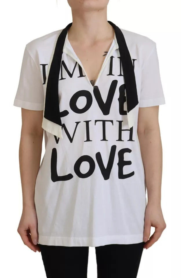 Dolce &amp; Gabbana – Weißes T-Shirt aus Baumwolle mit Ascot-Kragen und Aufdruck