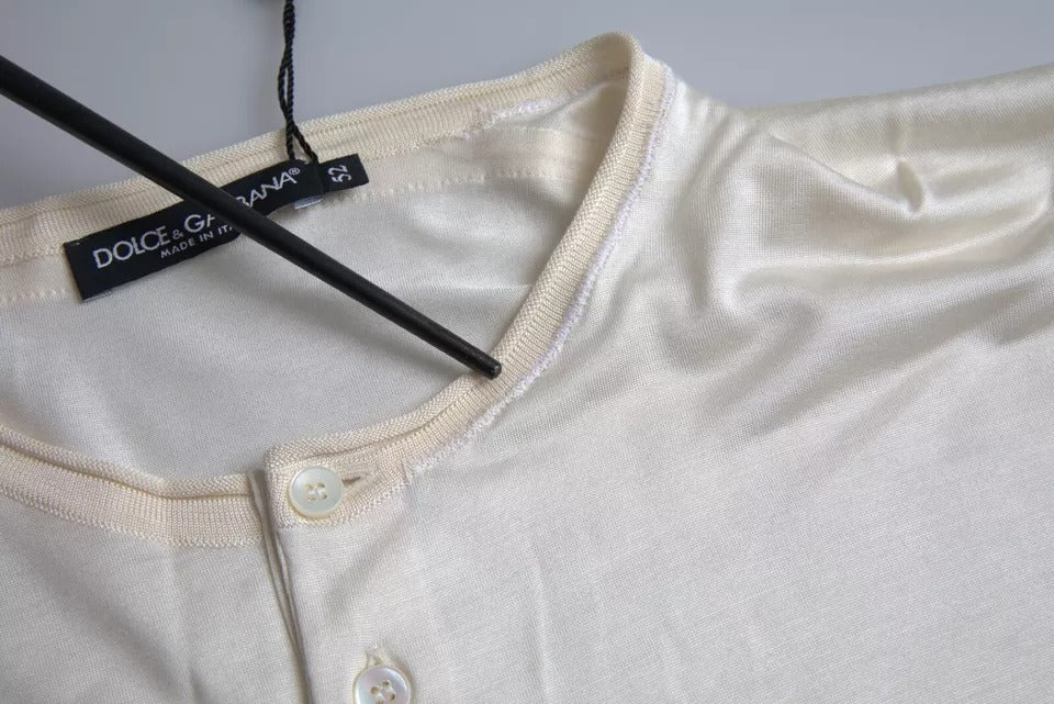 Dolce &amp; Gabbana – Weißes, kurzes Seiden-T-Shirt mit Knopfverschluss