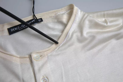 Dolce &amp; Gabbana – Weißes, kurzes Seiden-T-Shirt mit Knopfverschluss