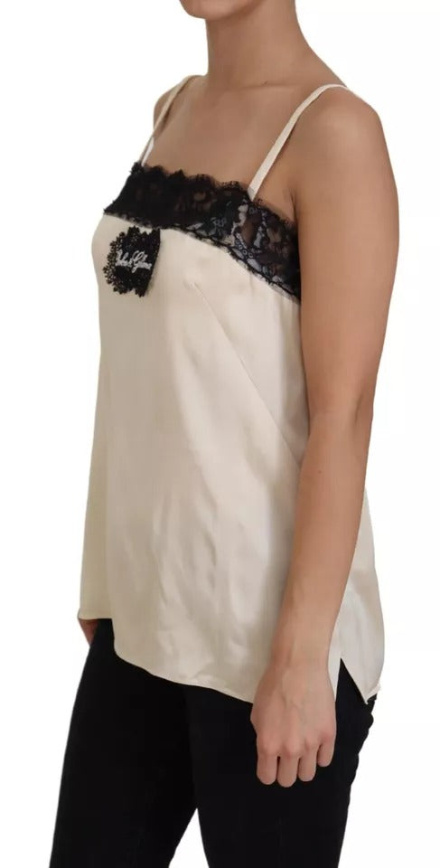 Dolce &amp; Gabbana Beige Spitzen-Spaghetti-Top mit Logo-Stickerei