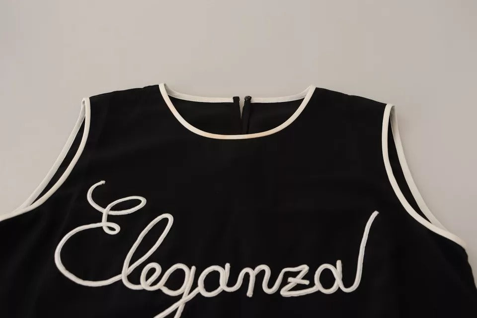 Dolce &amp; Gabbana Schwarzes ärmelloses Seiden-Tanktop mit Eleganza-Print