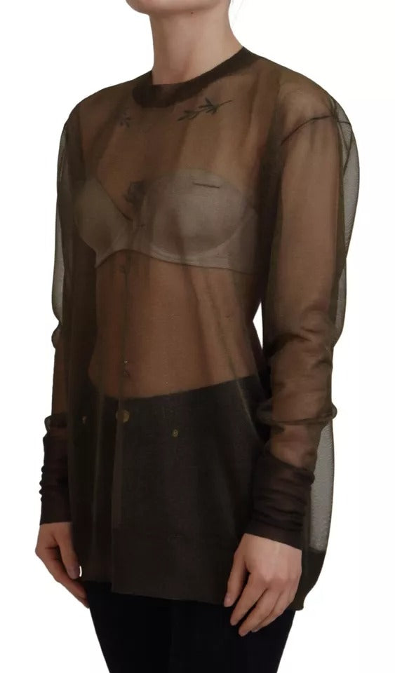 بلوزة دولتشي آند غابانا سوداء شفافة بياقة دائرية وأكمام طويلة