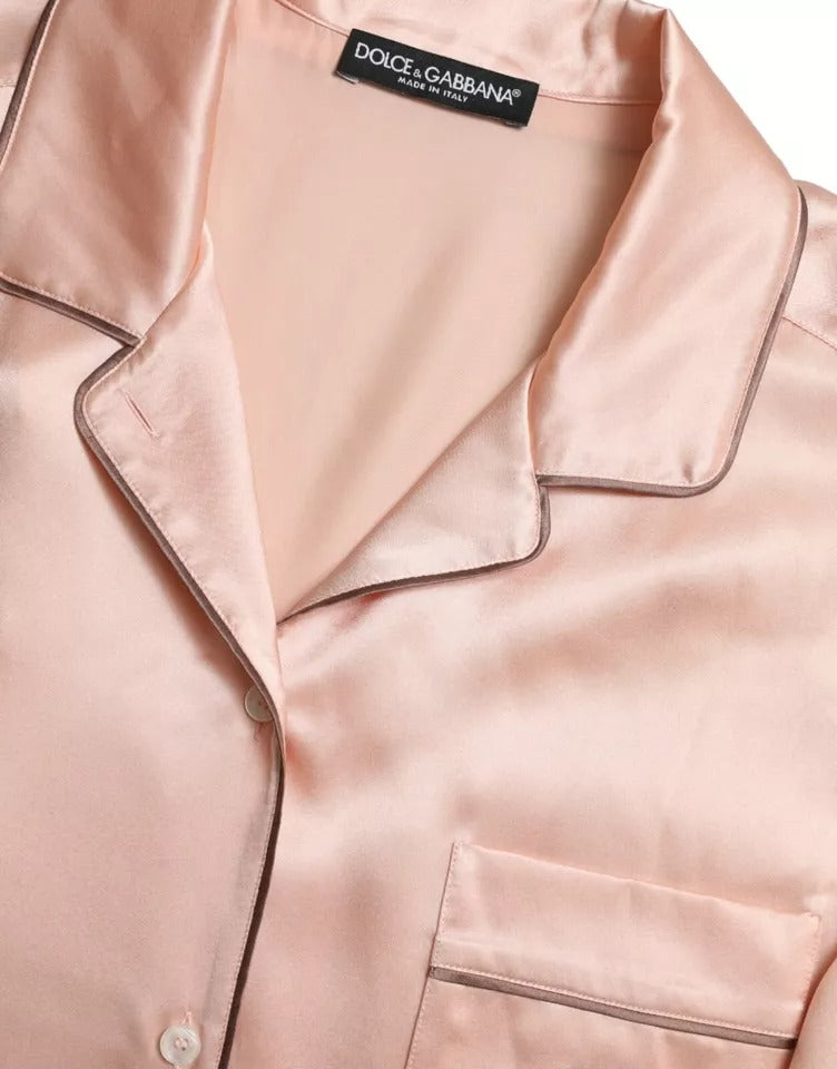 Dolce &amp; Gabbana – Pyjama-Bluse aus Seide mit langen Ärmeln und Logo in Rosa