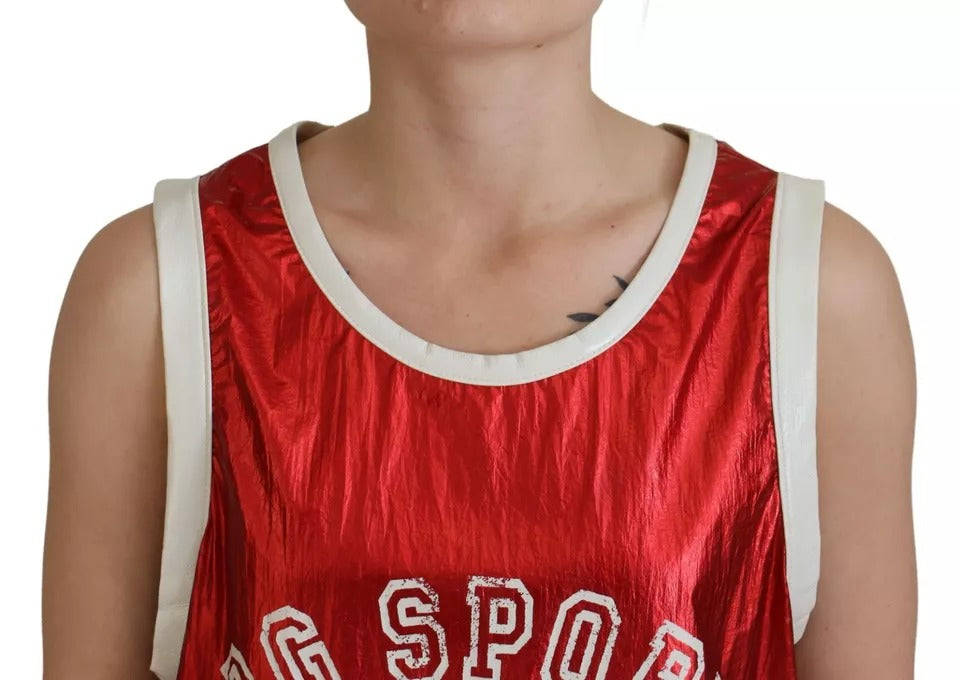 Dolce &amp; Gabbana, rotes, ärmelloses Jersey-Top mit Logo-Print aus Nylon