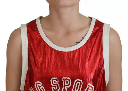Dolce &amp; Gabbana, rotes, ärmelloses Jersey-Top mit Logo-Print aus Nylon