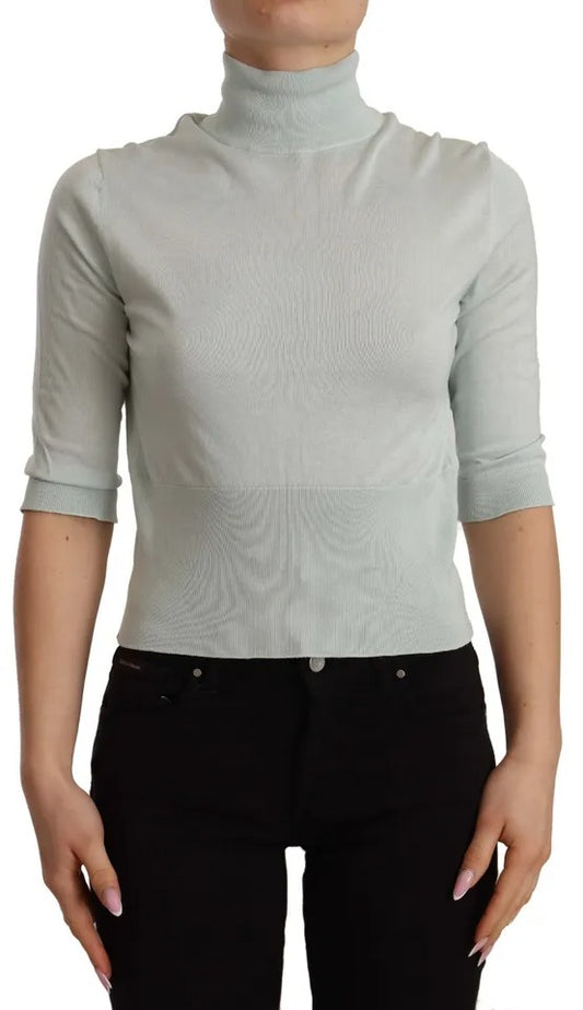 بلوزة دولتشي آند غابانا من الحرير بأكمام ثلاثة أرباع وياقة مدورة باللون الأخضر النعناعي