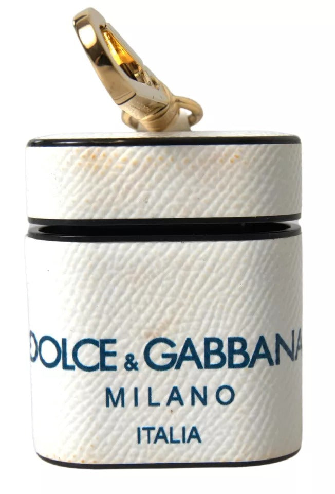 Dolce &amp; Gabbana – Airpods-Hülle mit Logo-Print-Riemen aus weiß-blauem Kalbsleder