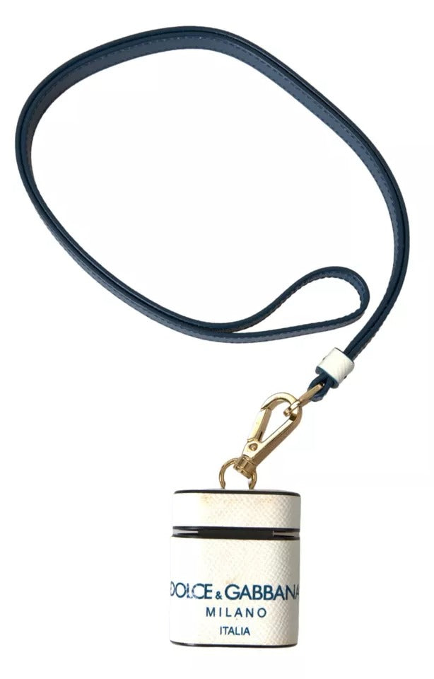 Dolce &amp; Gabbana – Airpods-Hülle mit Logo-Print-Riemen aus weiß-blauem Kalbsleder