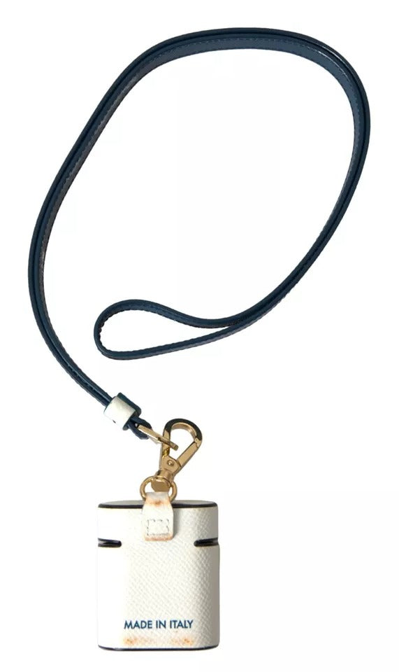 Dolce &amp; Gabbana – Airpods-Hülle mit Logo-Print-Riemen aus weiß-blauem Kalbsleder