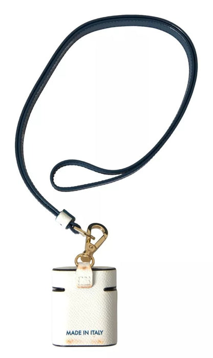 Dolce &amp; Gabbana – Airpods-Hülle mit Logo-Print-Riemen aus weiß-blauem Kalbsleder