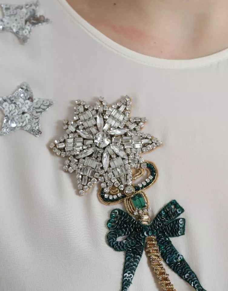 Dolce &amp; Gabbana – Blusentop mit 3/4-Ärmeln aus weißer Seide und Kristallen