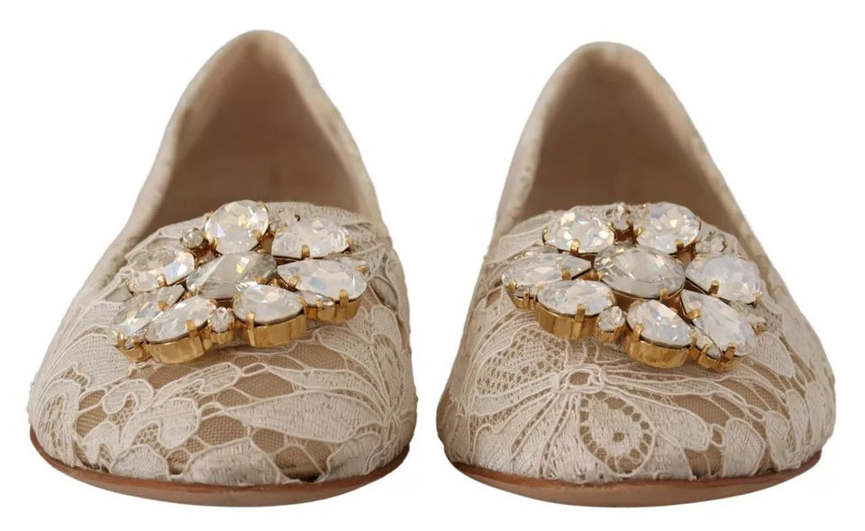 Dolce &amp; Gabbana Beige Spitzen-Ballerinas mit Kristallen, Halbschuhe