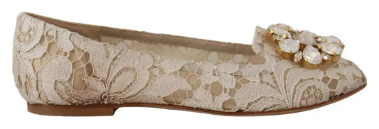 Dolce &amp; Gabbana Beige Spitzen-Ballerinas mit Kristallen, Halbschuhe