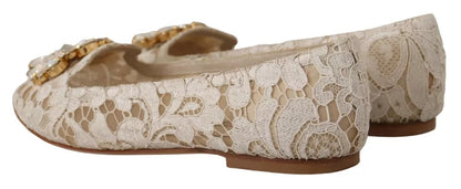 Dolce &amp; Gabbana Beige Spitzen-Ballerinas mit Kristallen, Halbschuhe