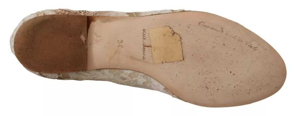 Dolce &amp; Gabbana Beige Spitzen-Ballerinas mit Kristallen, Halbschuhe