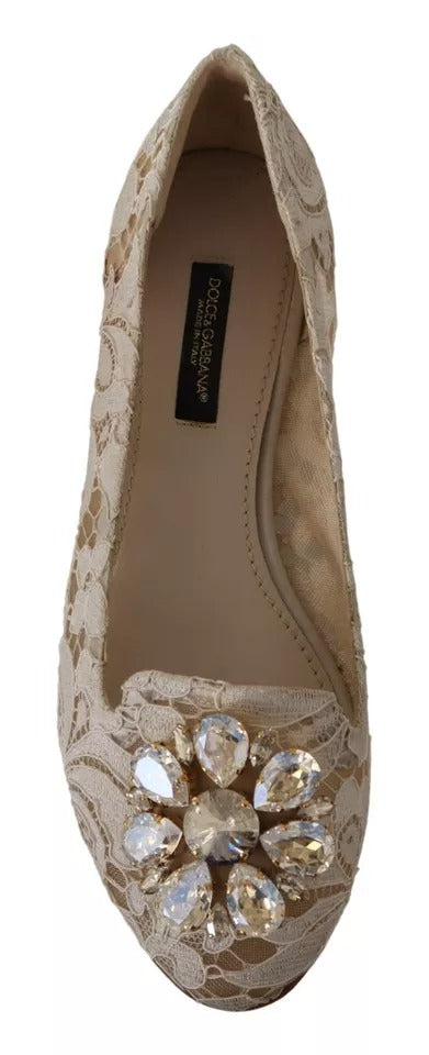 Dolce &amp; Gabbana Beige Spitzen-Ballerinas mit Kristallen, Halbschuhe
