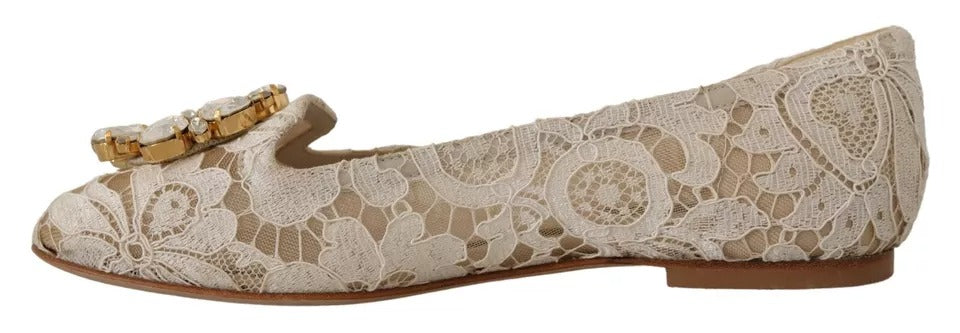 Dolce &amp; Gabbana Beige Spitzen-Ballerinas mit Kristallen, Halbschuhe
