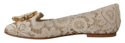 Dolce &amp; Gabbana Beige Spitzen-Ballerinas mit Kristallen, Halbschuhe