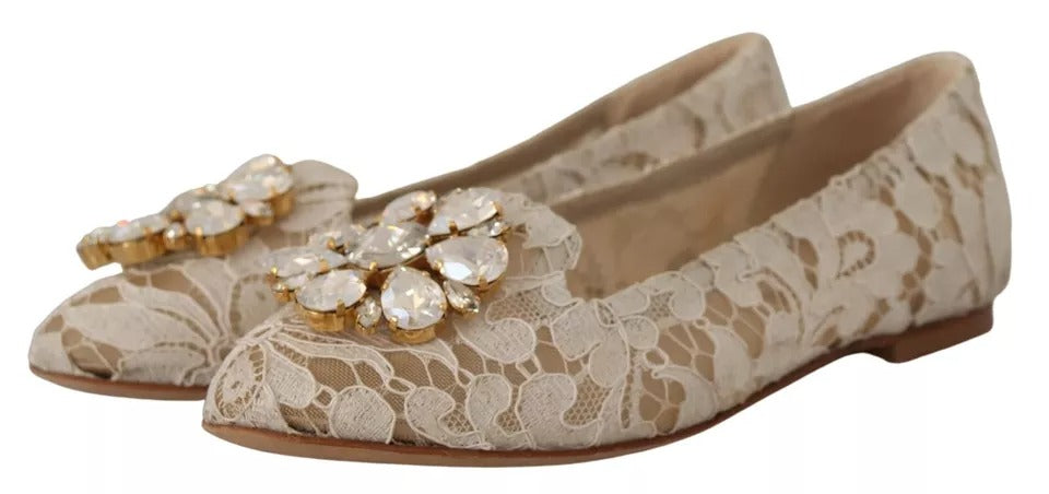 Dolce &amp; Gabbana Beige Spitzen-Ballerinas mit Kristallen, Halbschuhe