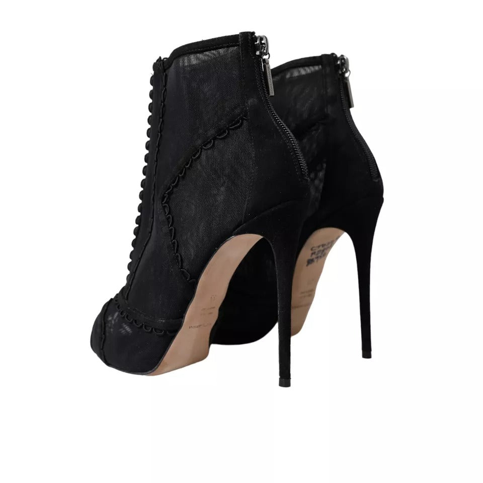Dolce &amp; Gabbana Schwarze Tüll Stiletto Heels Kurze Stiefel Schuhe