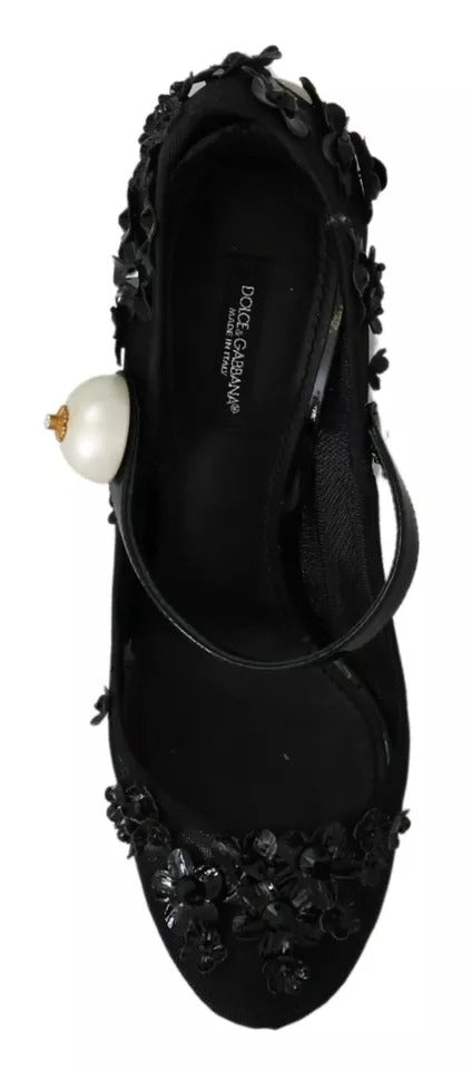 Dolce &amp; Gabbana – Schwarze Mary-Janes-Pumps mit Blumenverzierung