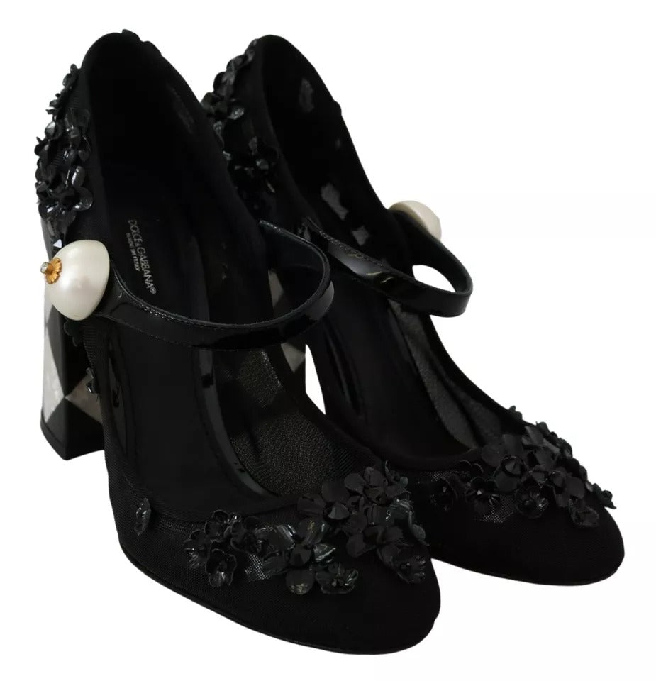 Dolce &amp; Gabbana – Schwarze Mary-Janes-Pumps mit Blumenverzierung