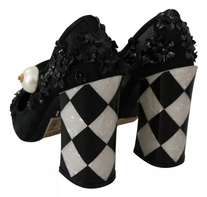 Dolce &amp; Gabbana – Schwarze Mary-Janes-Pumps mit Blumenverzierung