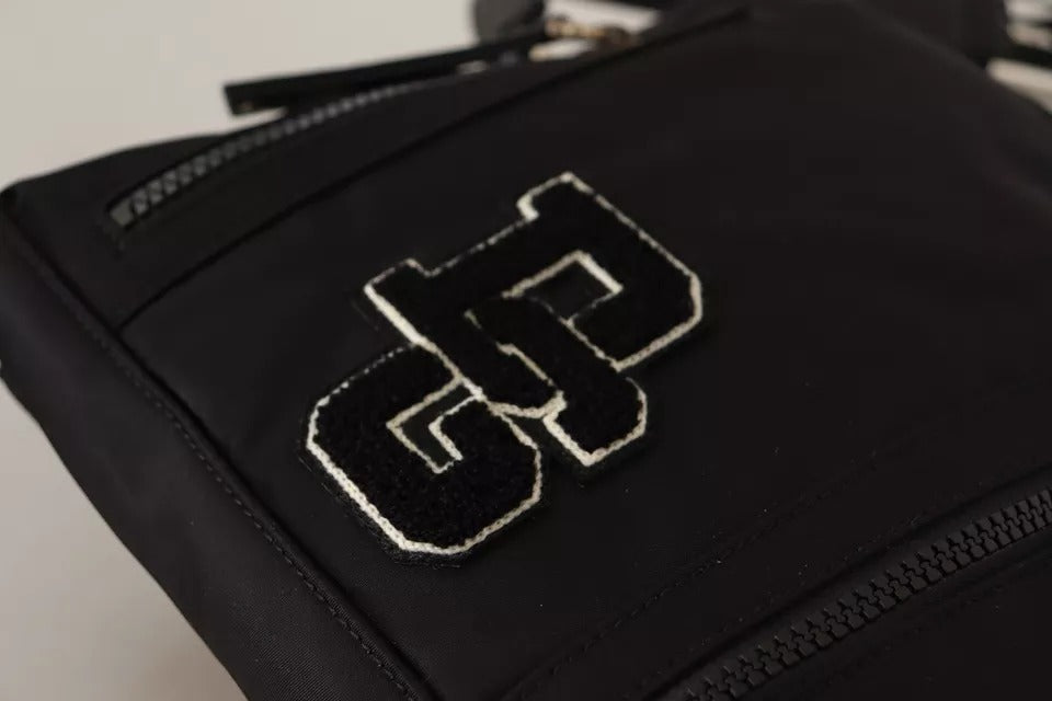 Dolce &amp; Gabbana – Schwarze Messenger-Umhängetasche aus Nylon und Leder mit DG-Logo-Aufnäher