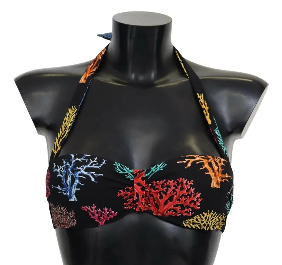 Dolce &amp; Gabbana Schwarz Korallen Print Badeanzug Beachwear Bikini Top