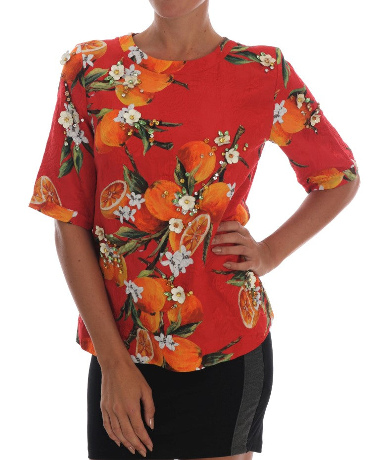 Dolce &amp; Gabbana – Bluse mit orangefarbenem Print und Kristallverzierung