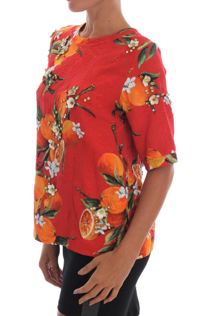 Dolce &amp; Gabbana – Bluse mit orangefarbenem Print und Kristallverzierung