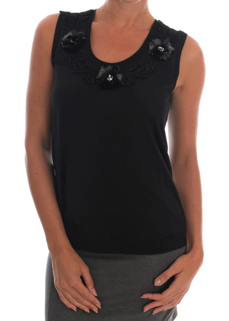 Dolce &amp; Gabbana – Schwarzes Tanktop aus Baumwolle mit Blumenmuster und Kristallen