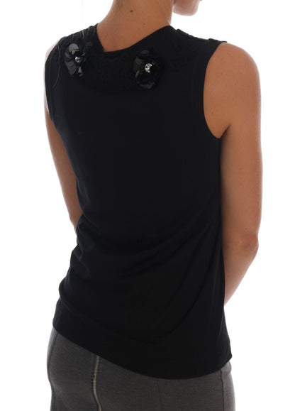 Dolce &amp; Gabbana – Schwarzes Tanktop aus Baumwolle mit Blumenmuster und Kristallen