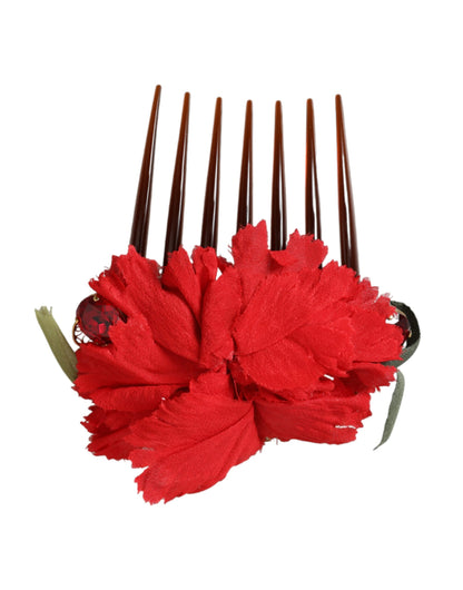 Dolce &amp; Gabbana – Haarkamm aus roter Seide mit Blumenmuster und goldenem Messing für Damen