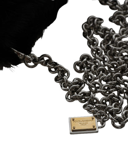 حقيبة دولتشي آند غابانا سوداء من الفرو الصناعي بسلسلة فضية