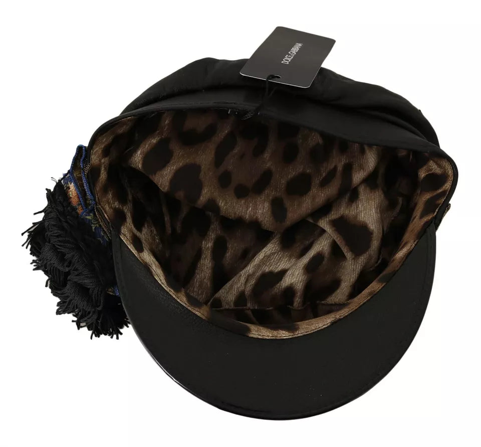 Dolce &amp; Gabbana Schiffermütze aus schwarzem Leder mit Kristallperlen und goldenem Band