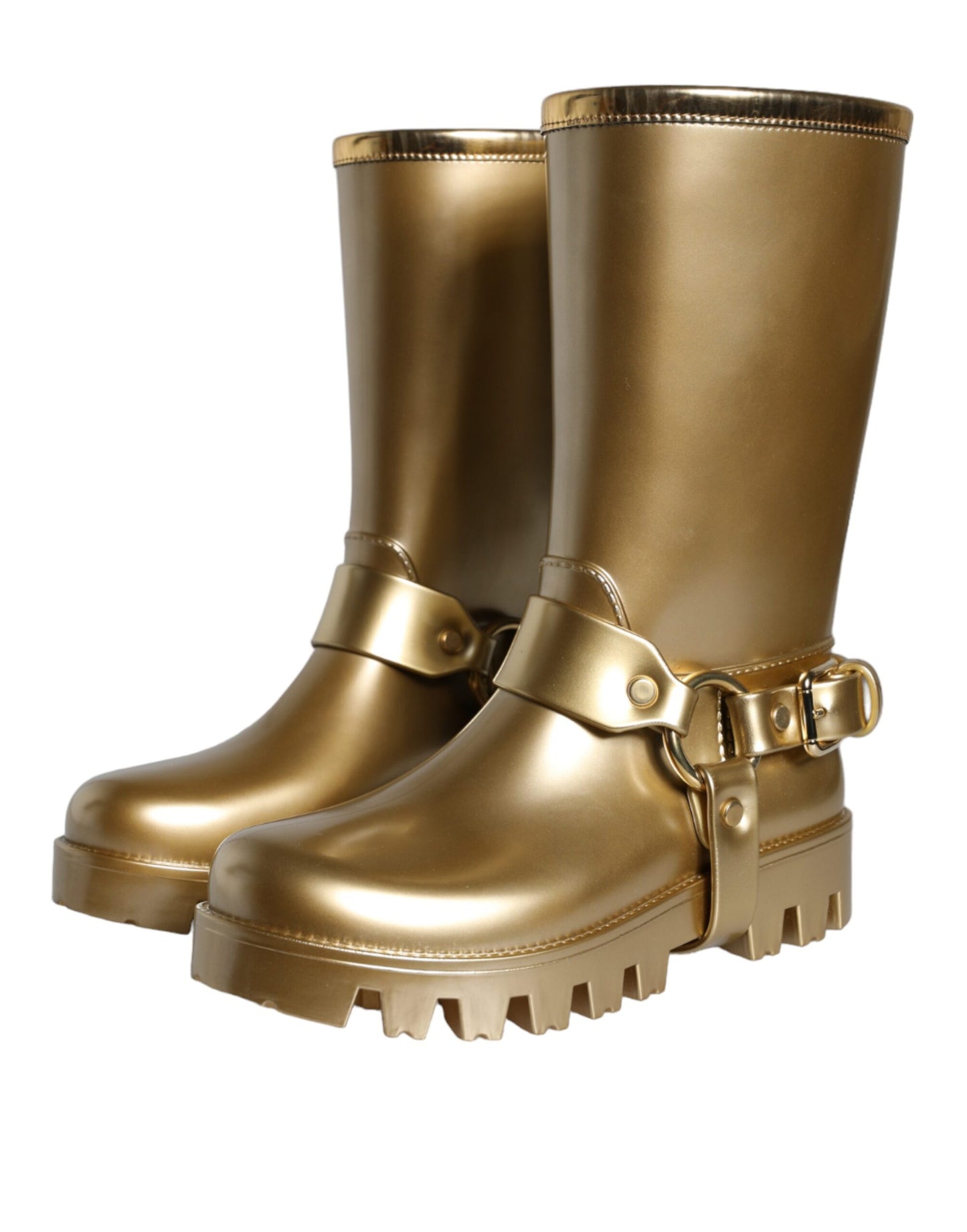 Dolce &amp; Gabbana Metallic Gold Gummi PVC Regenstiefel Schuhe