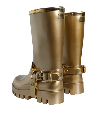 Dolce &amp; Gabbana Metallic Gold Gummi PVC Regenstiefel Schuhe