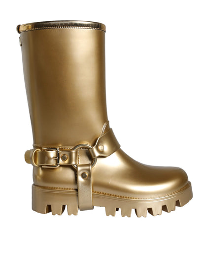 Dolce &amp; Gabbana Metallic Gold Gummi PVC Regenstiefel Schuhe