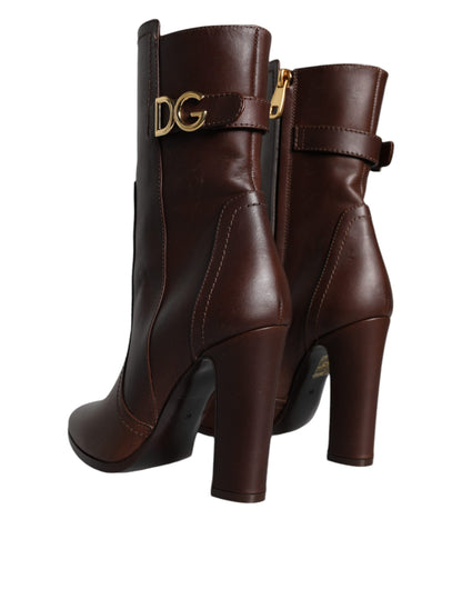 Dolce &amp; Gabbana Braune Leder Heels Halbhohe Stiefel Schuhe