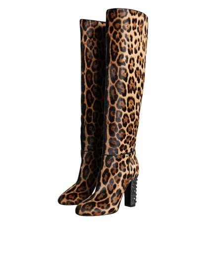 Dolce &amp; Gabbana Beige Schwarz Leopard Kniehohe Stiefel Schuhe